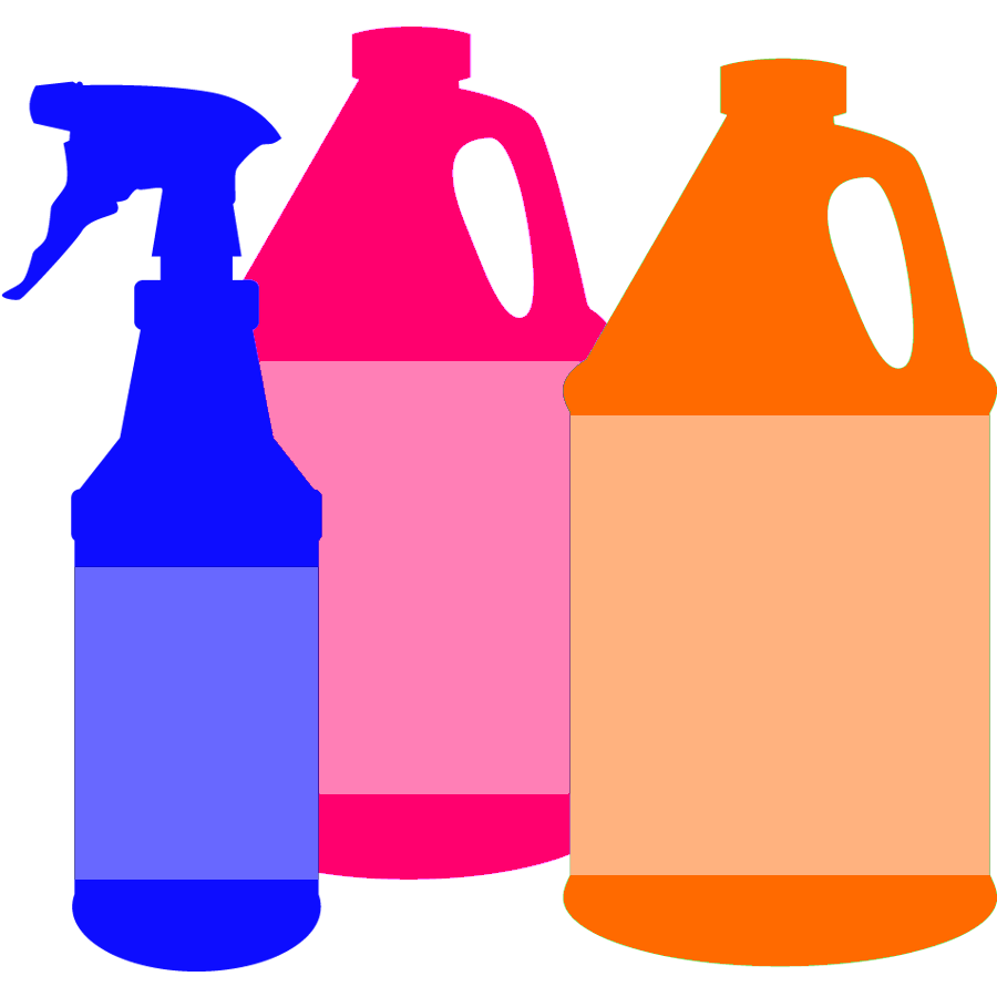 Spray bottle of blue cleaner, bottle of pink cleaner, and bottle of orange cleaner