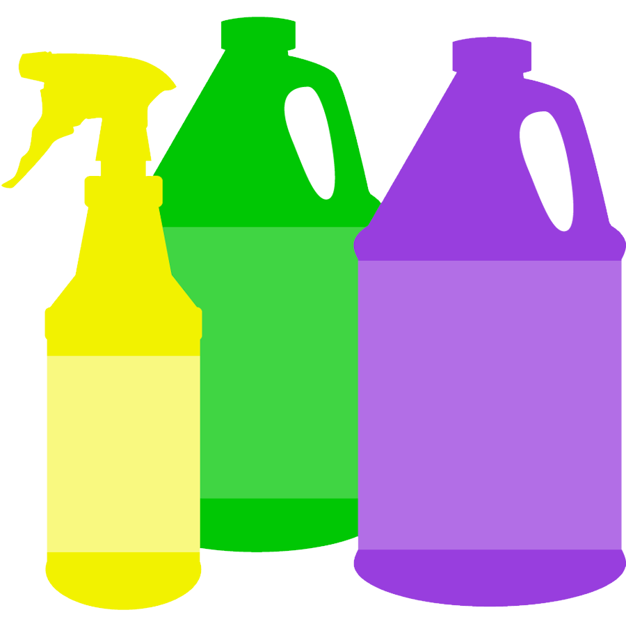 Spray bottle of yellow cleaner, bottle of green cleaner, and bottle of purple cleaner