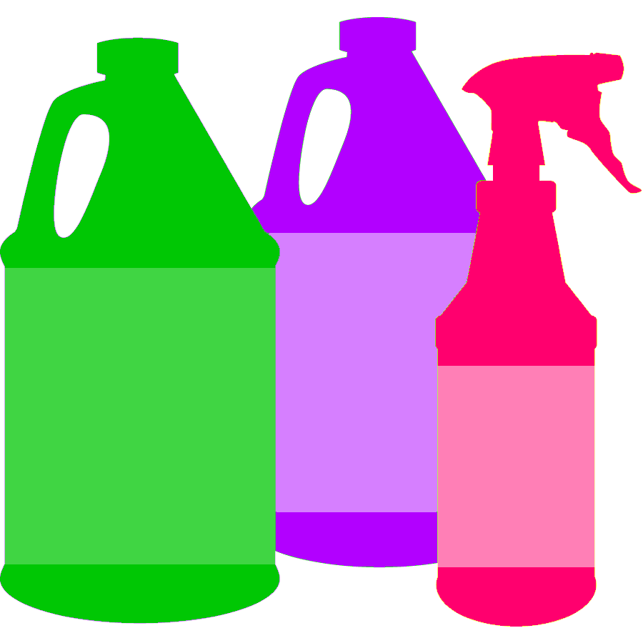 Bottle of green cleaner, bottle of purple cleaner, and spray bottle of pink cleaner