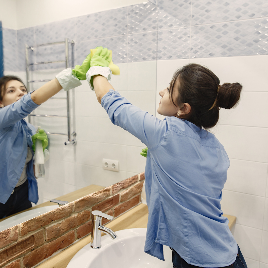 Woman in a bathroom cleaning a mirror hung over the sink