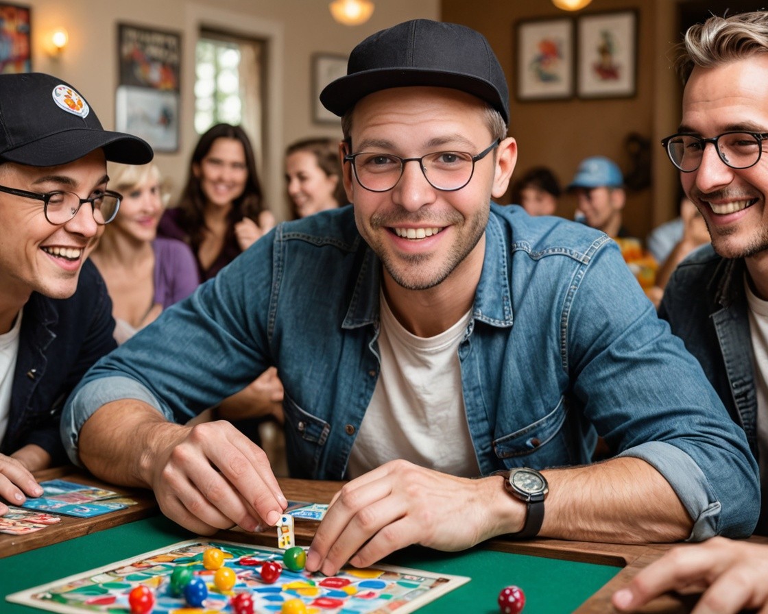 Nate sitting at a table with friends playing a board game.
