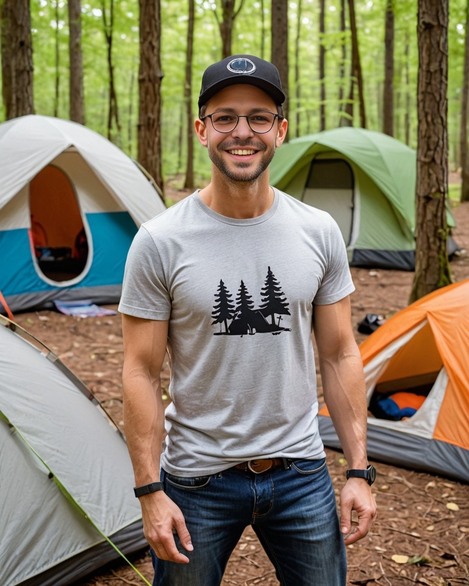 Nate in the forest surrounded by tents while on a camping trip with friends.