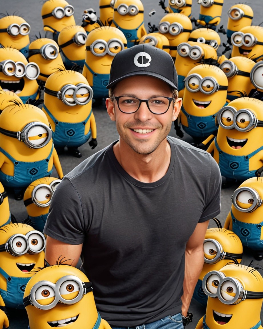 AI generated - Nate standing in a group of Minions.
