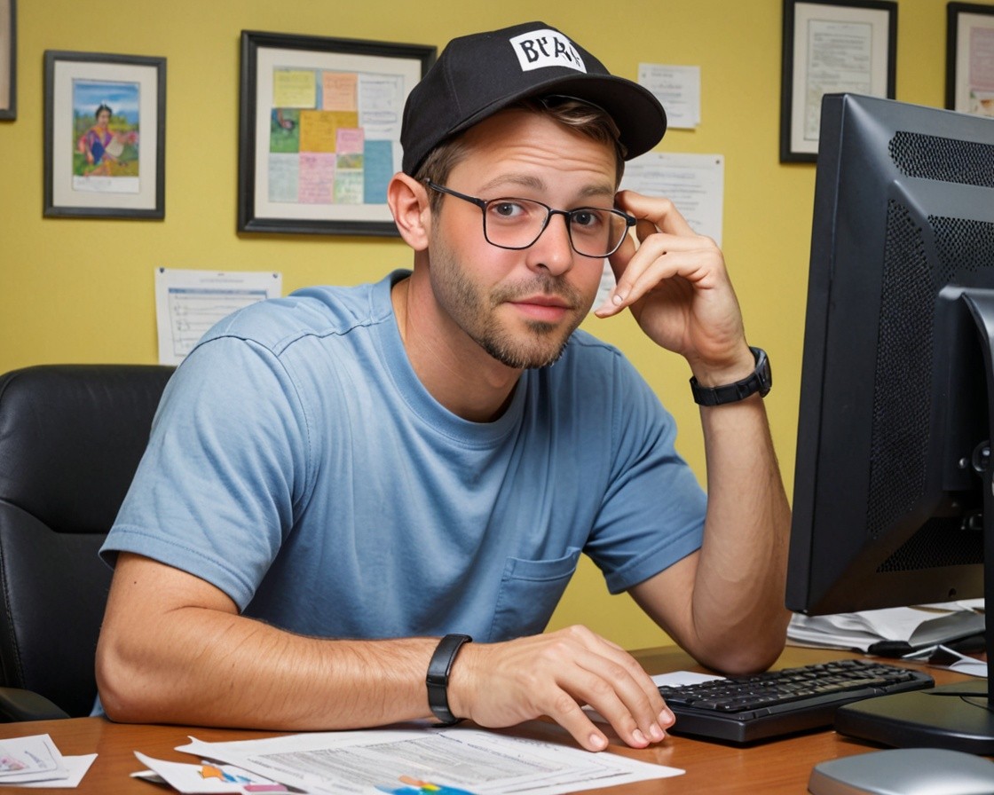 Nate sitting at a computer, looking stressed out after paying bills.