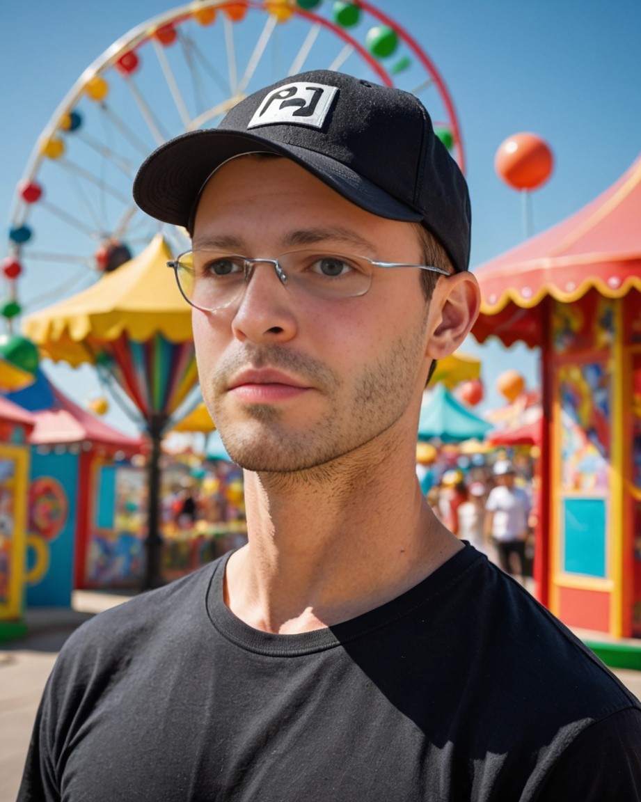 Nate standing out side of an amusement park, looking worried.