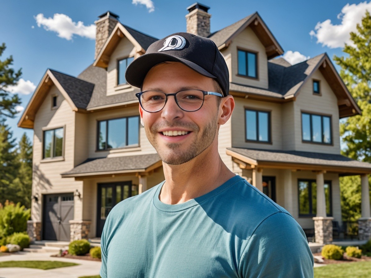 Nate standing outside of his dream home.