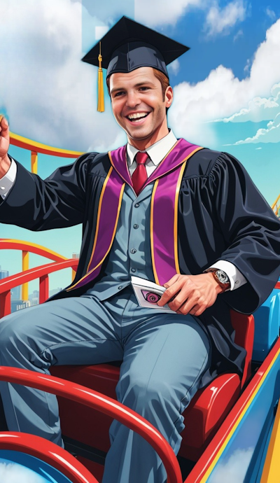 Cartoon of Nate riding a roller coaster while wearing a graduation cap and gown and holding his degree.