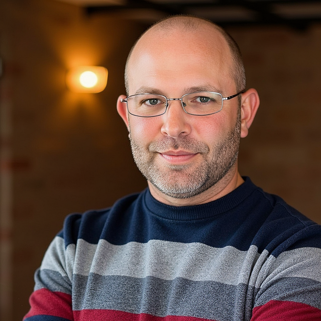 Headshot of Nathaniel Phillips in a blues, reds, and grays striped sweater, standing in a cafe.