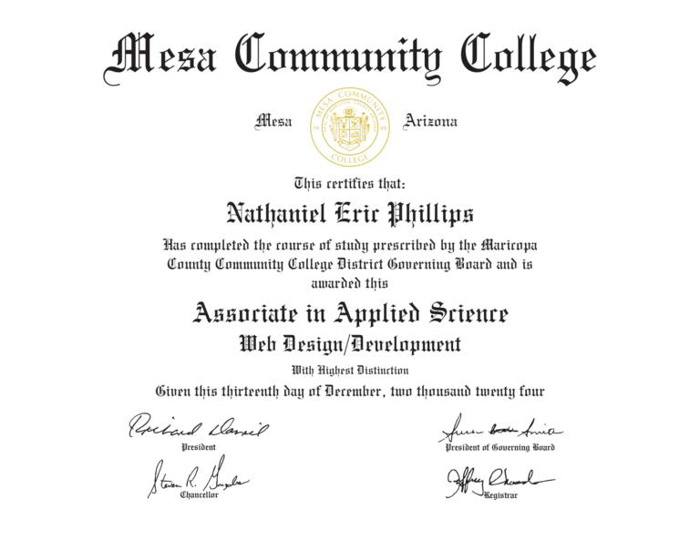 Associate in Applied Science diploma awarded to Nathaniel Eric Phillips for Web Design/Development with Highest Distinction from Mesa Community College, dated December 13, 2024.