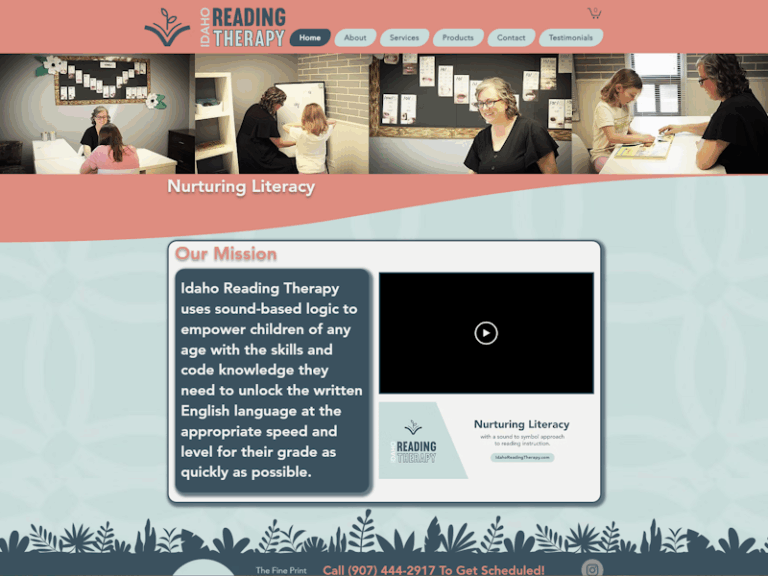 Screenshot of the Idaho Reading Therapy homepage, showing a clean, child-focused design with a coral and teal color scheme, educational photos, and a mission statement about literacy through sound-based logic.
