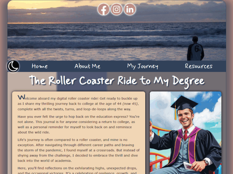 Screenshot of a personal digital journal website titled “The Roller Coaster Ride to My Degree,” featuring a beach sunset header, handwritten-style font, and a welcoming intro to the author’s return to college at age 44.