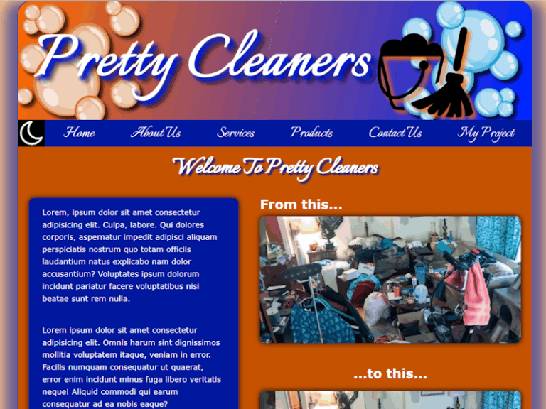 Screenshot of the Pretty Cleaners homepage, showcasing a vibrant, bubbly design with a dramatic before-and-after cleaning transformation and a bold orange and blue theme.