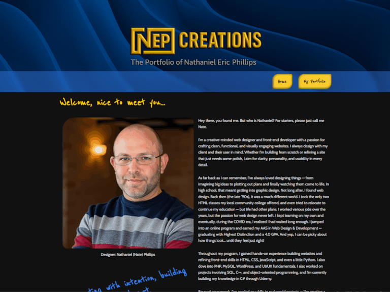 Screenshot of the NEP Creations portfolio homepage for Nathaniel Eric Phillips, featuring a dark theme with blue and gold accents, an intro photo, and a friendly welcome message highlighting the designer's background.
