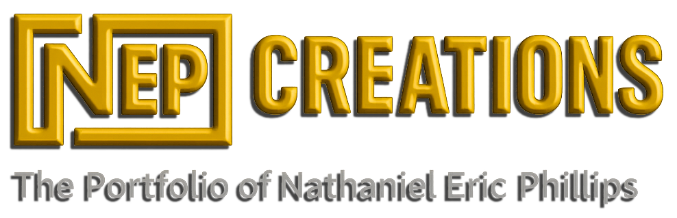 NEP Creations gold 3D logo with boxed NEP initials and tagline ‘The Portfolio of Nathaniel Eric Phillips’
