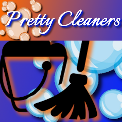 Custom Pretty Cleaners project icon showing a mop, bucket, and soap bubbles on a blue and orange background.