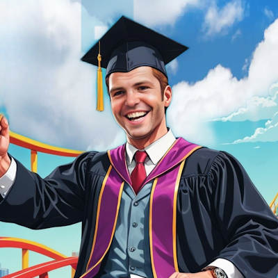 Cartoon-style image of a smiling male graduate in a cap and gown riding a roller coaster, representing a personal college journey.